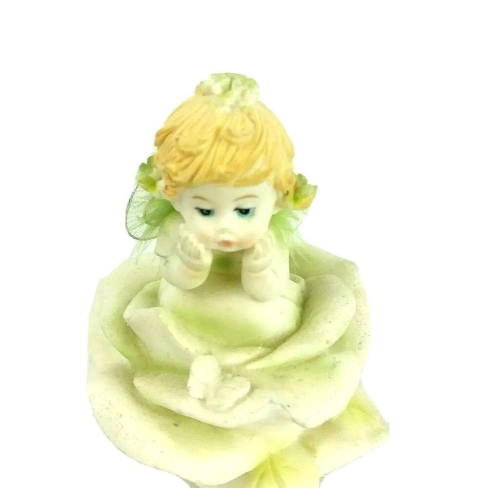Ceramic Contemplating Fairy Figurine Green Feathered Wings Leaning on Rose 4"
